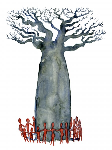 Watercolor-baobab-tree-with-people-group-painting-by-frits-ahlefeldt