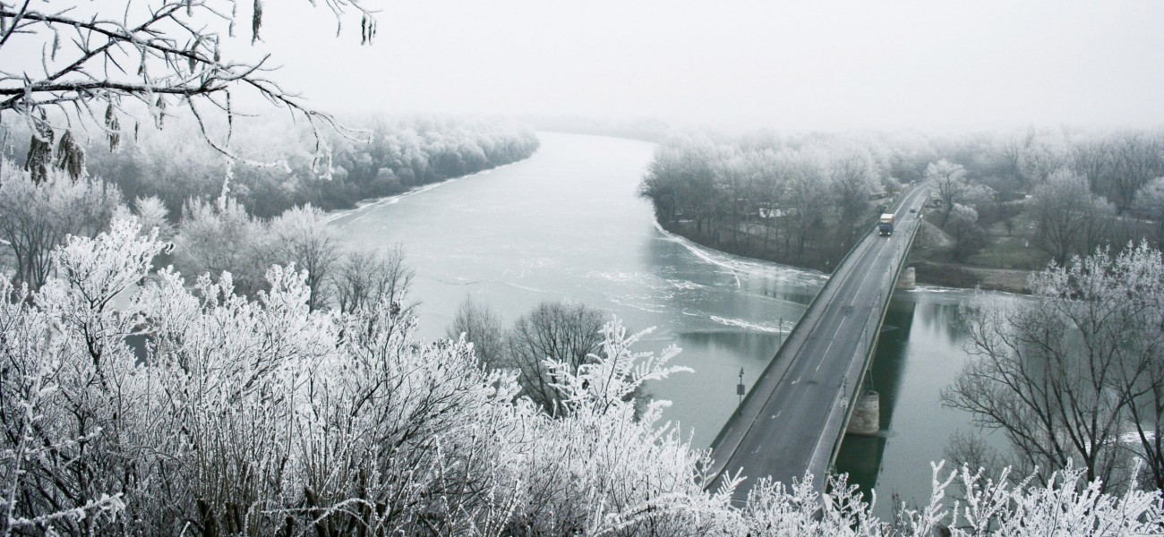River Tisza in winter with Tokaj bridge - Hungary