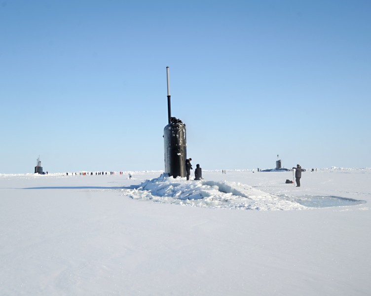 USS Connecticut, USS Hartford and HMS Trenchant surface through the ice during the ICEX in the Arctic Circle. (39162115110)
