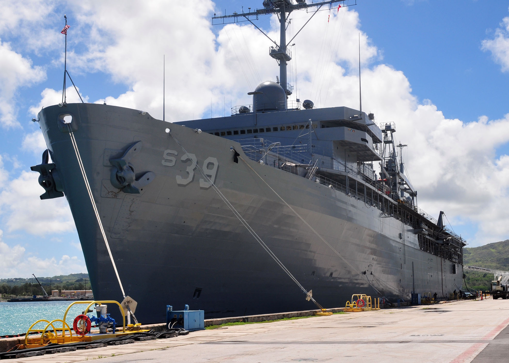US Navy 100714-N-4043B-001 The submarine tender USS Emory S. Land (AS 39) moors at Naval Base Guam. Emory S. Land is conducting a homeport shift from Bremerton, Wash. to Diego Garcia. (