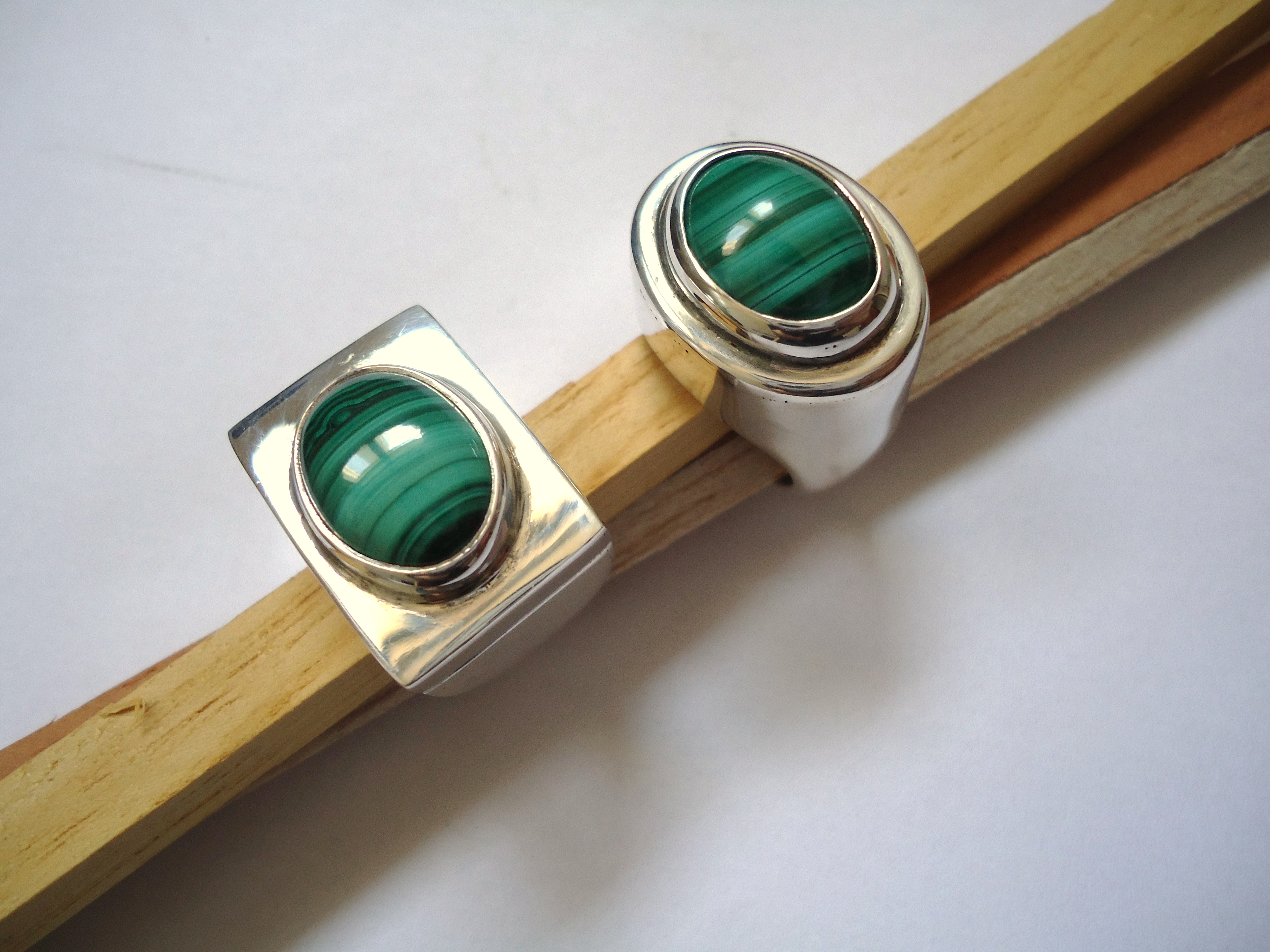 Silver and malachite rings