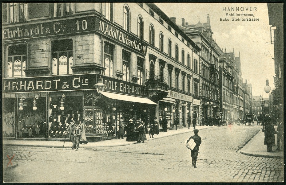 1907 Hermann Kerger AK Hannover Schillerstrasse Ecke Steintorstrasse Bildseite Blick vom späteren Platz am Marstall in Richtung Georgstraße Steintor