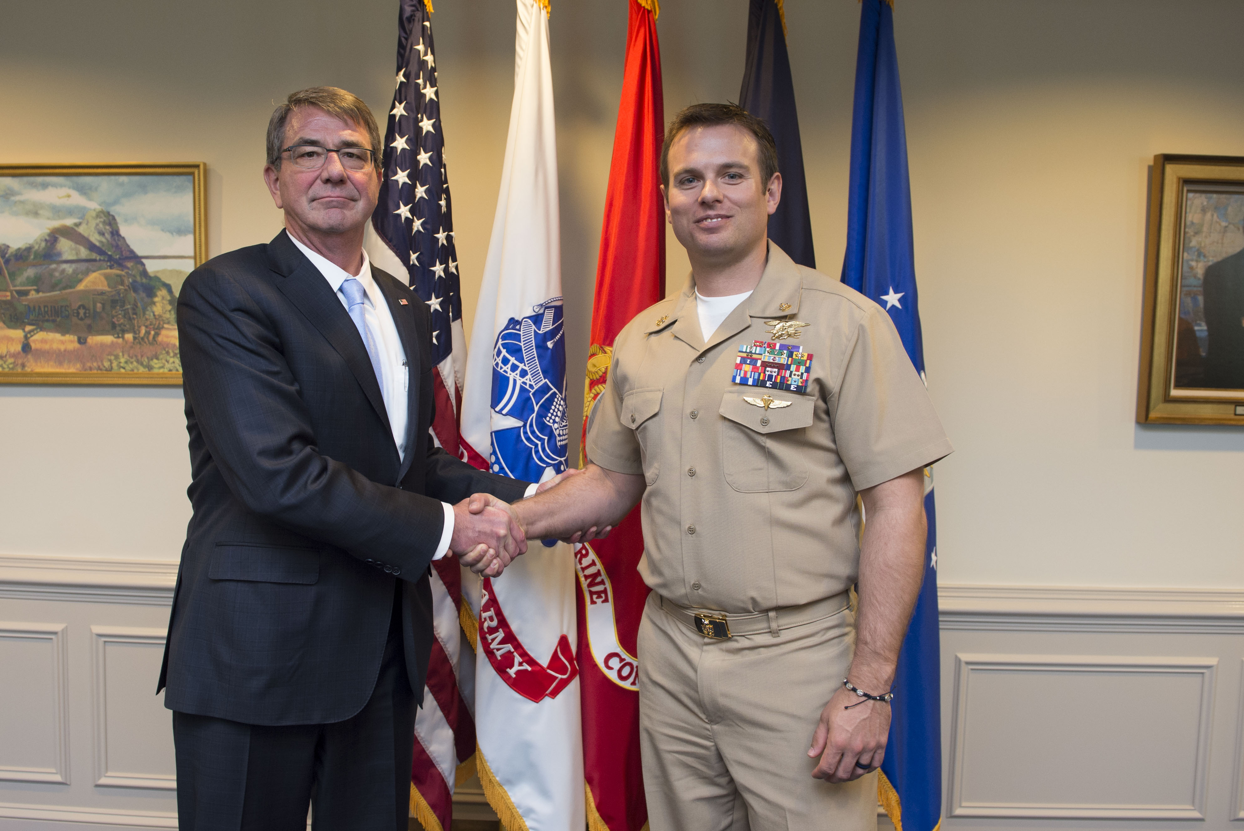 160226-D-SK590-054 Secretary of Defense Ash Carter meets with Medal of Honor recipient Senior Chief Petty Officer Edward Byers.jpg