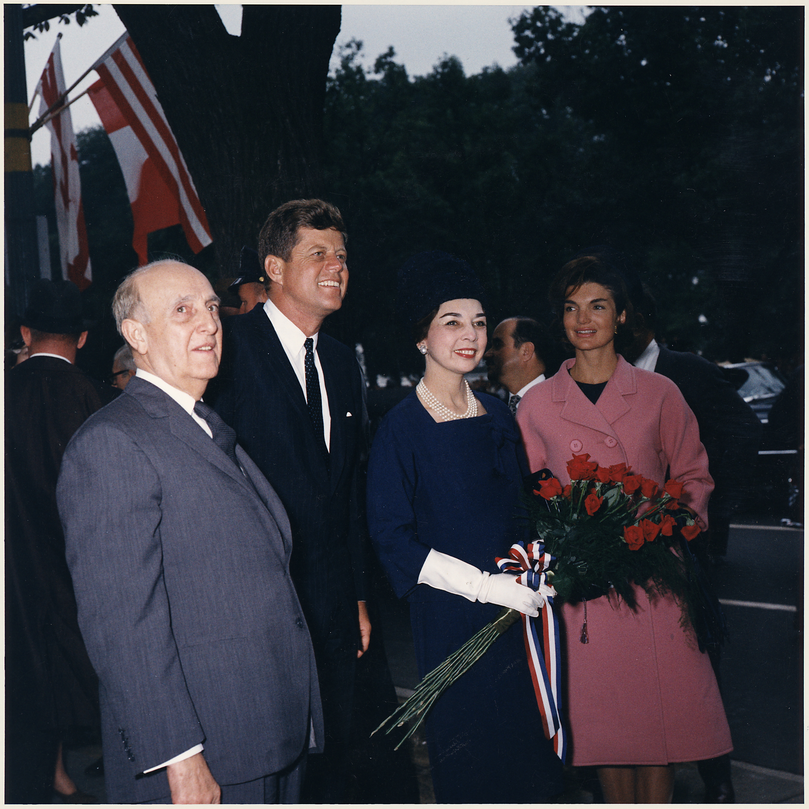 Arrival ceremonies for the President of Peru. President Don Manuel Prado, President Kennedy, Mrs. Prado, Mrs. Kennedy