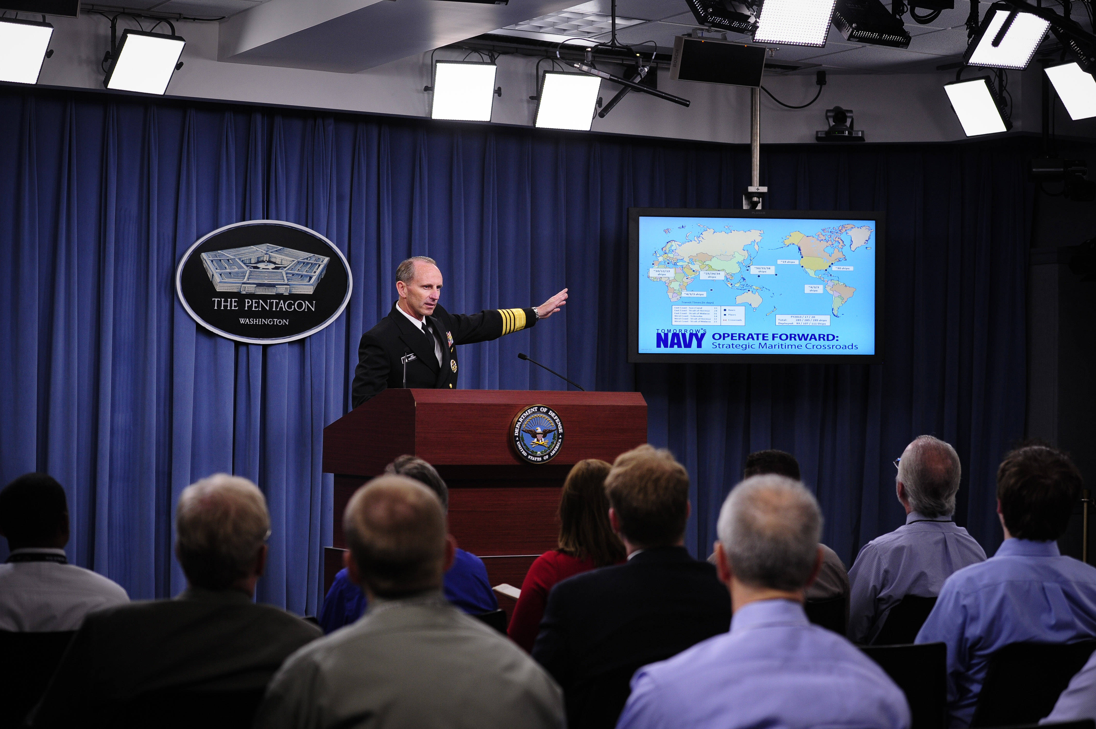 Defense.gov News Photo 120627-N-WL435-033 - Chief of Naval Operations Adm. Jonathan Greenert gestures toward a slide showing numbers and locations of ships as he talks to the media about the