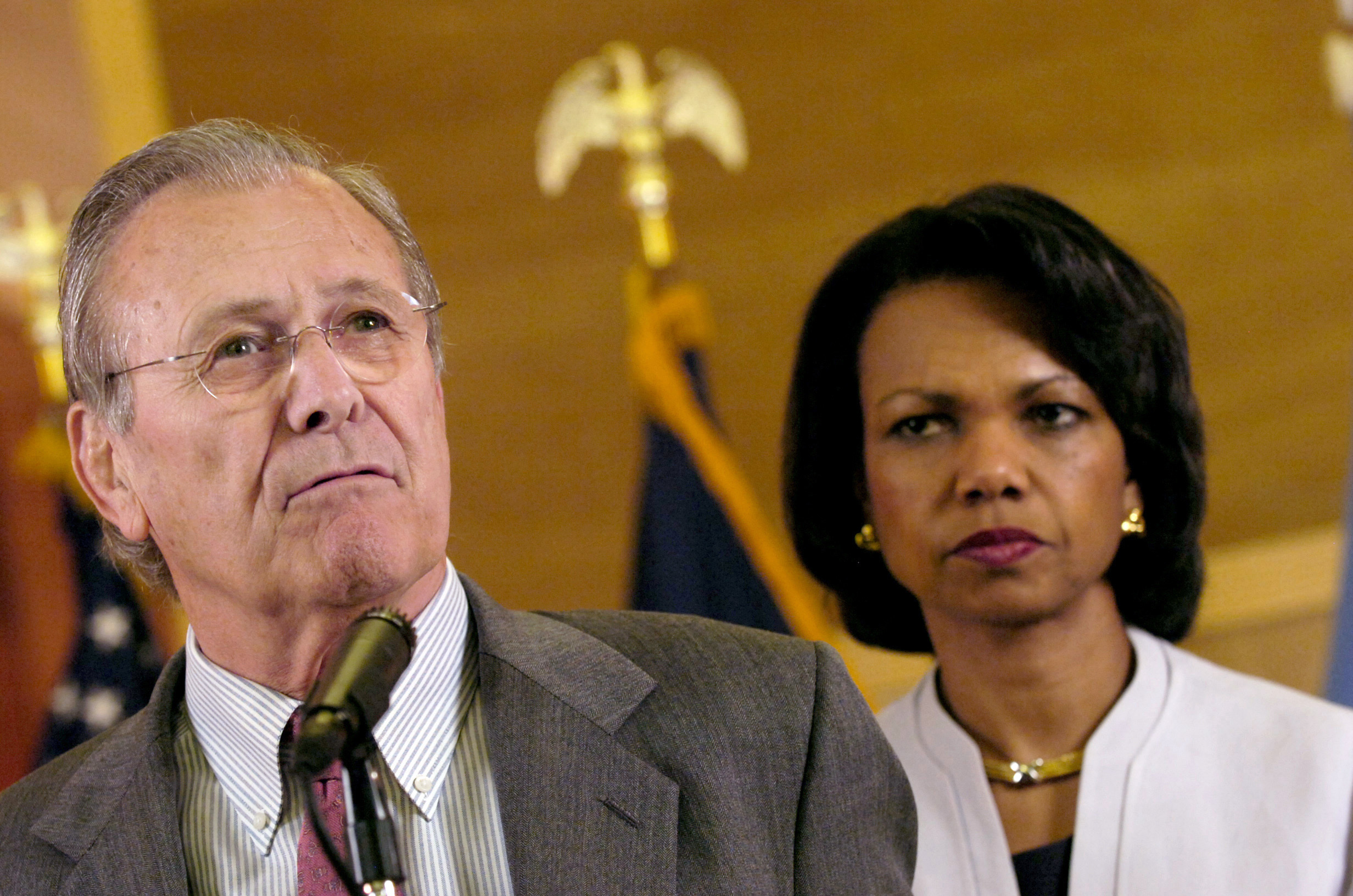Donald Rumsfeld and Condoleezza Rice in Baghdad, Iraq, April 2006