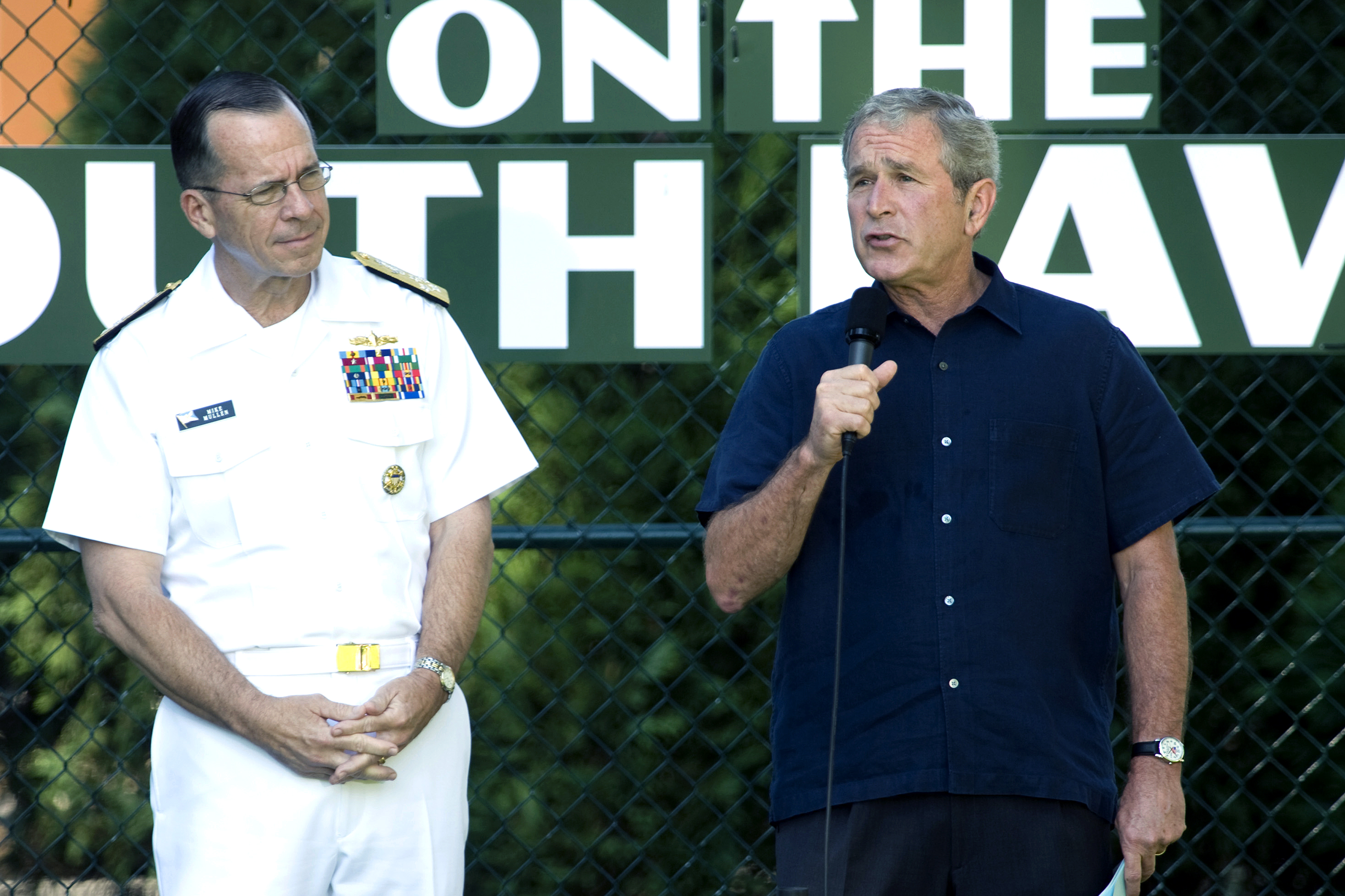 George W. Bush and U.S. Navy Adm. Mike Mullen address participants at the 20th Tee Ball, 2008