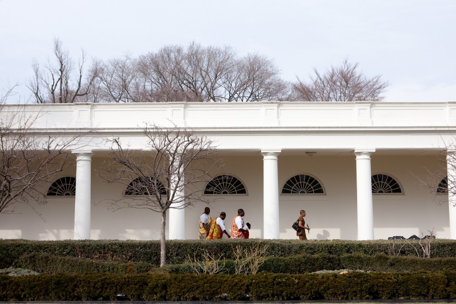 Ambassador Daniel Ohene Agyekum of Ghana, and his family, walk along the Colonnade of the White House, 2010