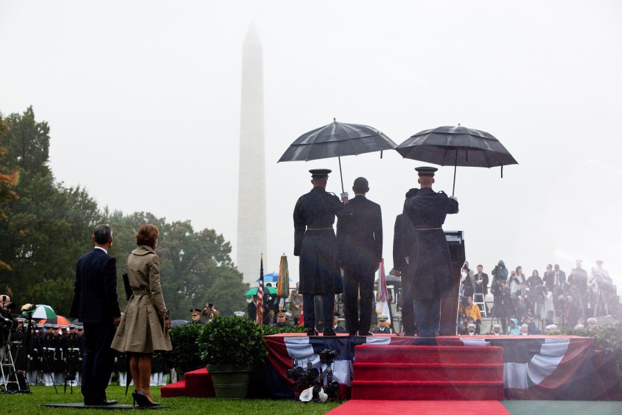 Barack Obama and President Lee Myung-bak of the Republic of Korea participate in the State Arrival Ceremony, 2011