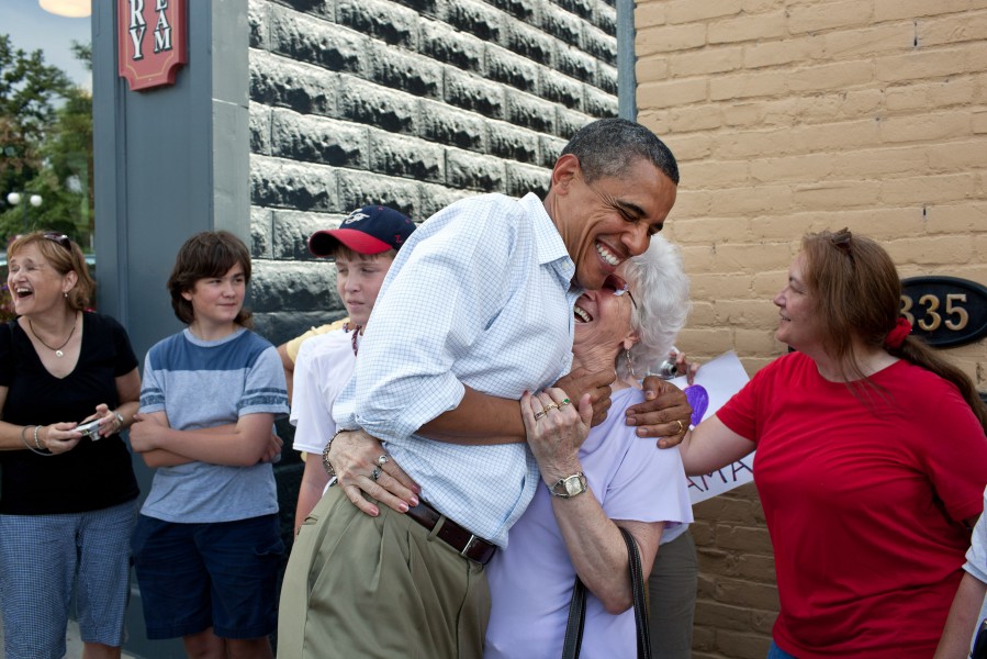 Barack Obama greets people outside the Old Market Deli in Cannon Falls, Minn. Aug. 15, 2011