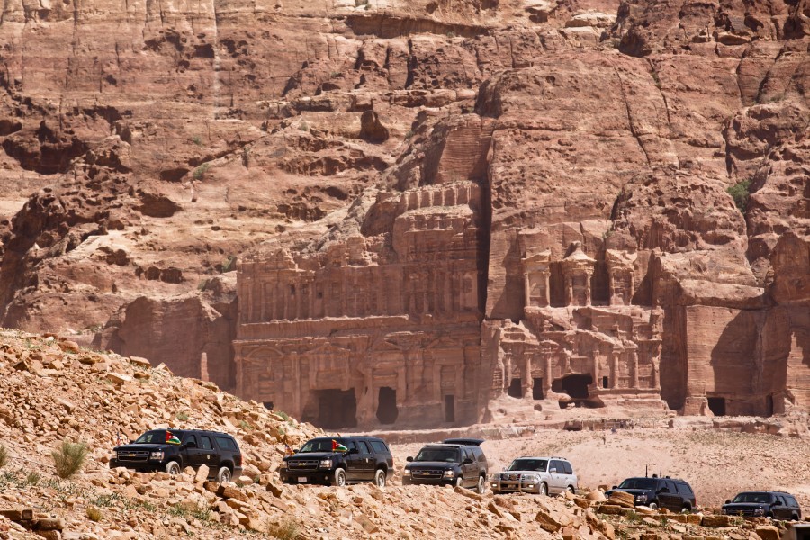 Barack Obama's motorcade departs the ancient city of Petra in Jordan, 2013