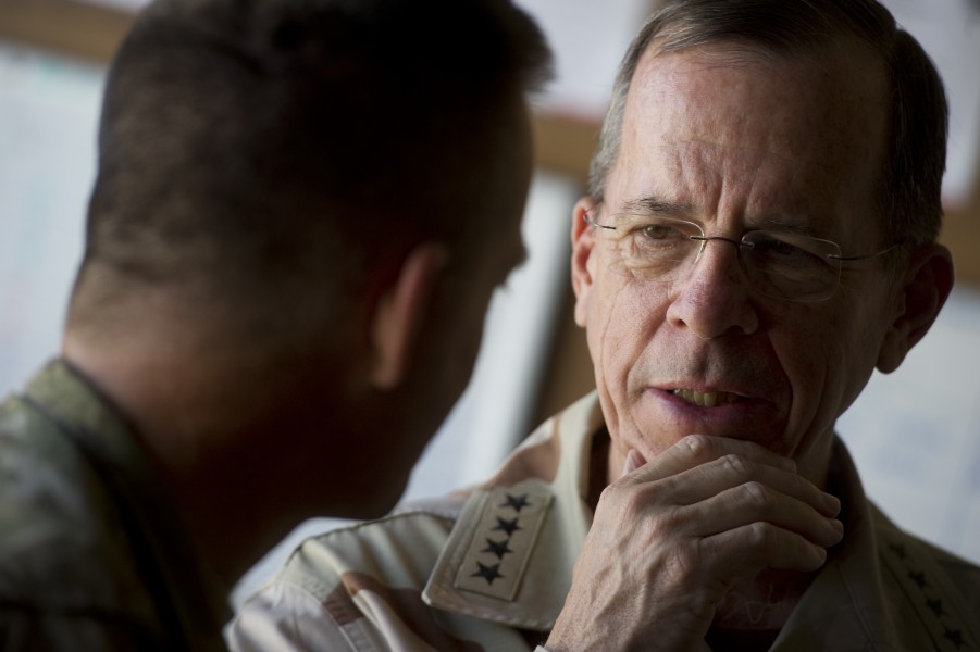Chairman of the Joint Chiefs of Staff Navy Adm. Mike Mullen, right, speaks with U.S. Army Maj. Gen. Daniel B. Allyn, the commander of the International Security Assistance Force Regional Command East at Bagram Airfield