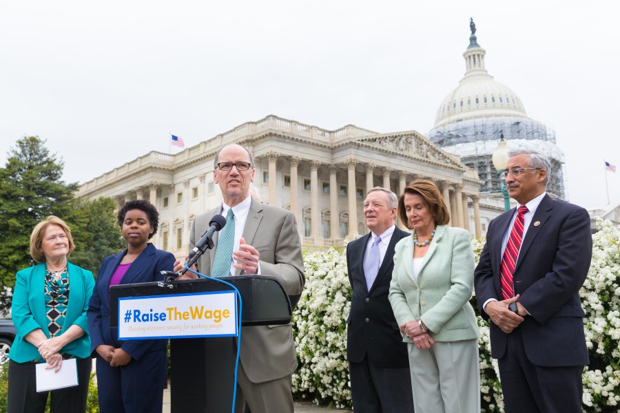 Christine Owens, Jessica Wynter Martin, Thomas Perez, Dick Durbin, Nancy Pelosi, and Bobby Scott, April 2016
