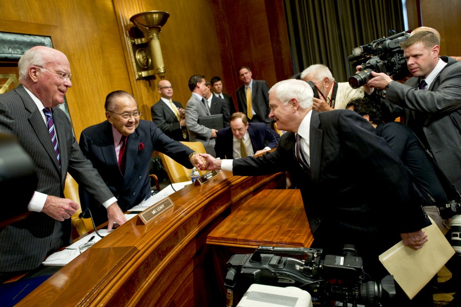 Defense Secretary Robert M. Gates greets Sens. Daniel K. Inouye of Hawaii and Patrick Leahy of Vermont before a hearing of the Senate Appropriations Committee's defense subcommittee