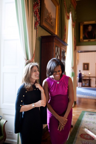Michelle Obama waits with Caroline Kennedy Schlossberg in the Green Room of the White House, 2011
