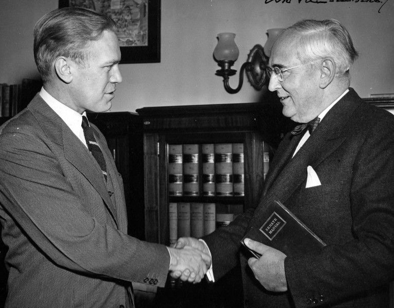 Michigan Senator Arthur Vandenberg welcomes Congressman Gerald R. Ford Jr. - NARA - 7064468