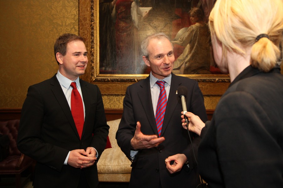 Minister for Europe David Lidington with Nicolai Wammen, Danish Minister for European Affairs speaking to the media in London, 9 February 2012. (6846079935)