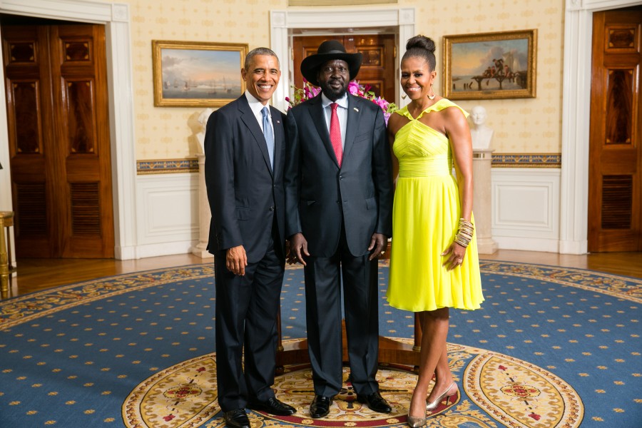 President Barack Obama and First Lady Michelle Obama greet His Excellency Salva Kiir Mayardit, President of the Republic of South Sudan