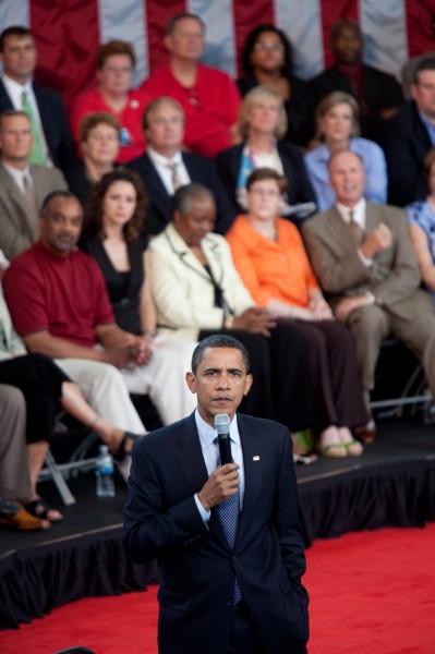 President Barack Obama listens to a question at a town hall meeting at Broughton High School in Raleigh, N.C. on July 29, 2009