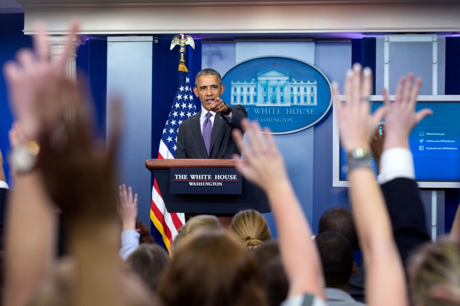President Barack Obama takes questions from student reporters during College Reporter Day (26608406132)