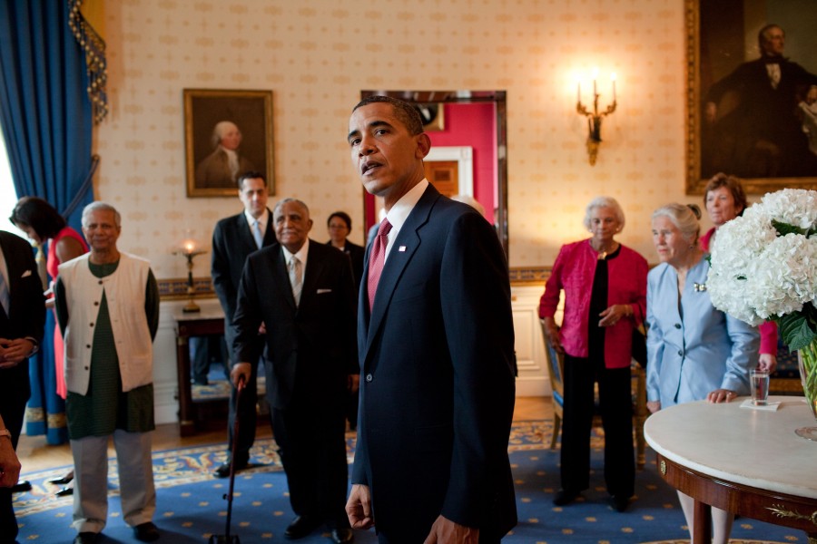 President Barack Obama waits in the Blue Room of the White House for the start of an East Room ceremony to present 16 individuals the Presidential Medal of Freedom on Aug. 12, 2009
