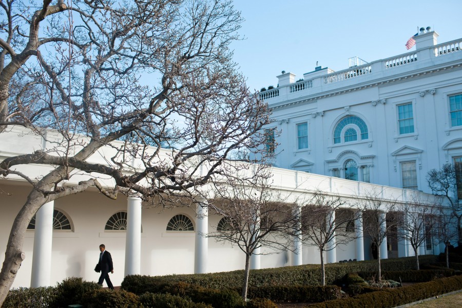 President Barack Obama walks along the Colonnade of the White House, Feb. 14, 2011