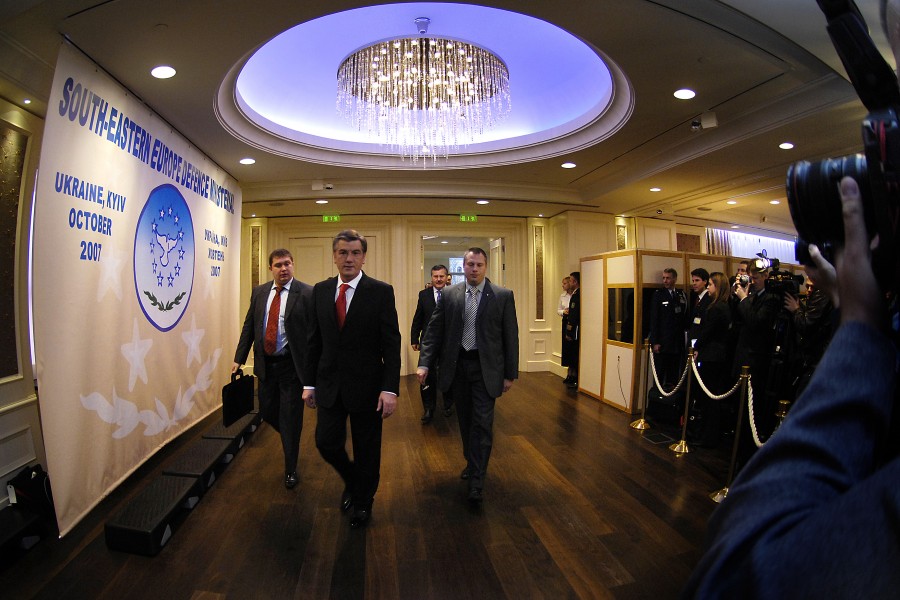 Ukrainian President Viktor Yushchenko arrives at the opening session of the 12th-annual meeting of the Southeastern Europe Defense Ministerial (SEDM), hosted by Ukraine, in Kiev, Ukraine, Oct. 22, 2007 071022-D-LB417-005