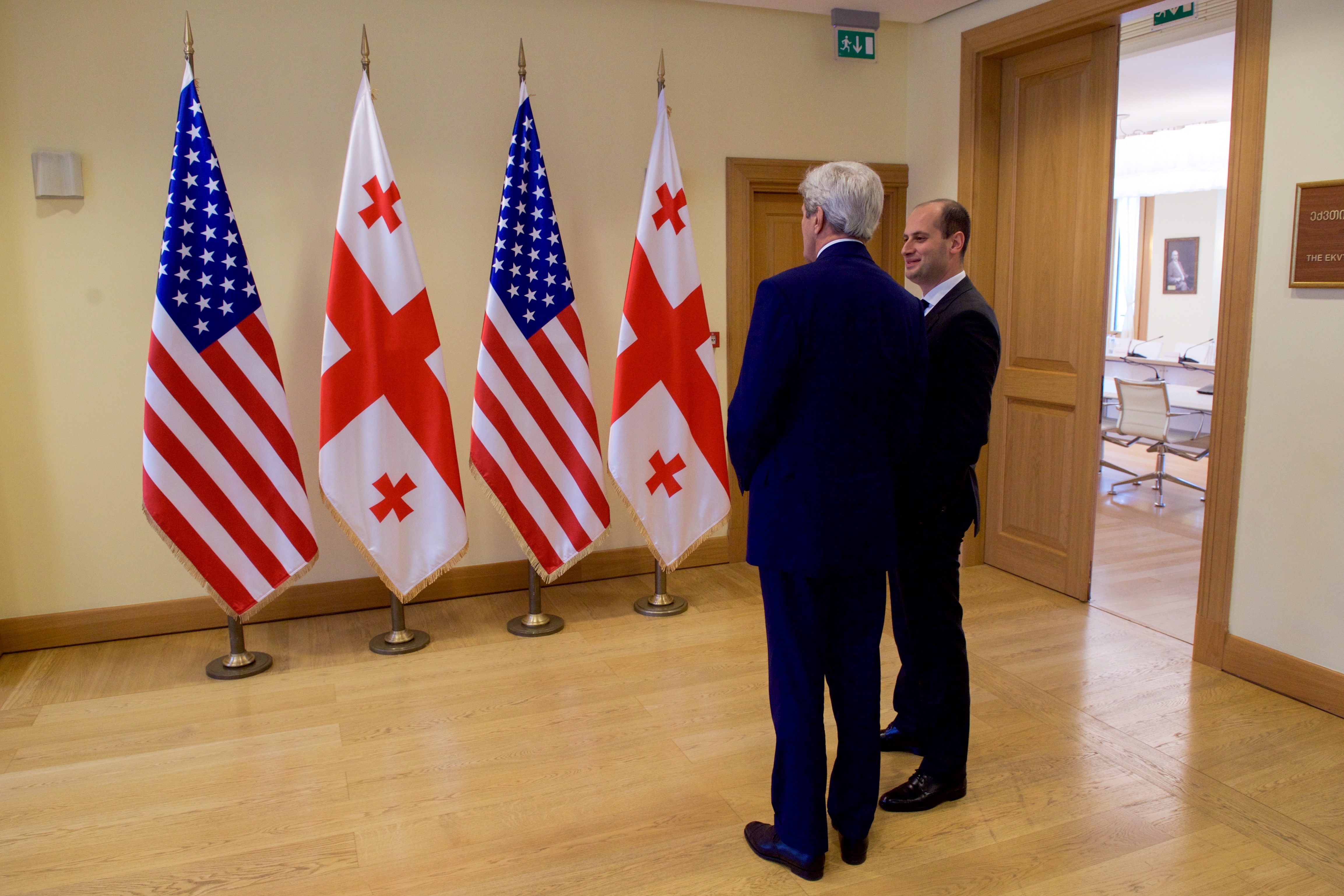 Secretary Kerry and Georgian Foreign Minister Mikhail Janelidze Admire the Georgian Flag at the Presidential Palace in Tbilisi (28050041761)
