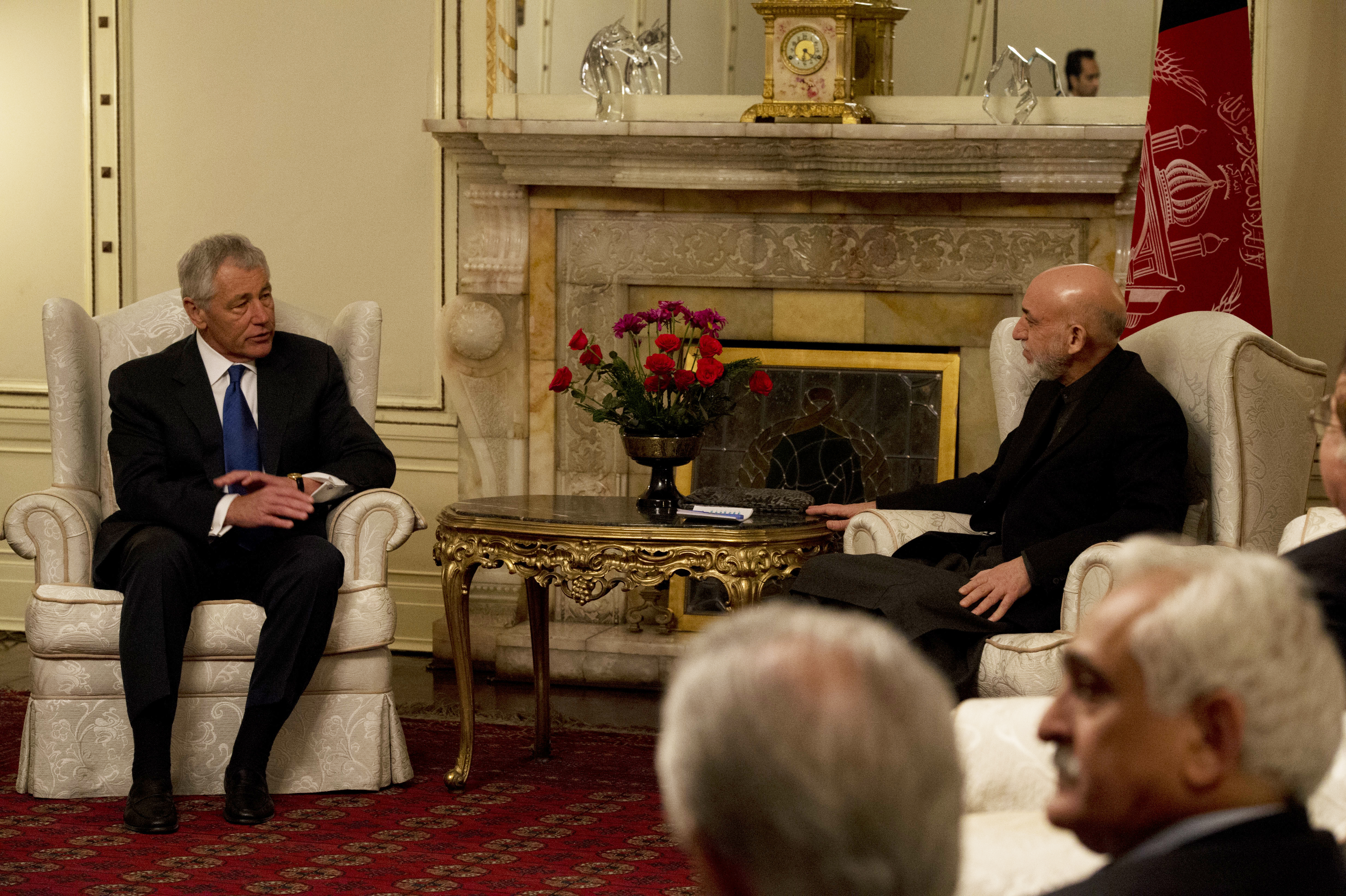 Secretary of Defense Chuck Hagel, left, meets with President of Afghanistan Hamid Karzai, right, in Kabul, Afghanistan, on March 10, 2013 130310-D-BW835-717