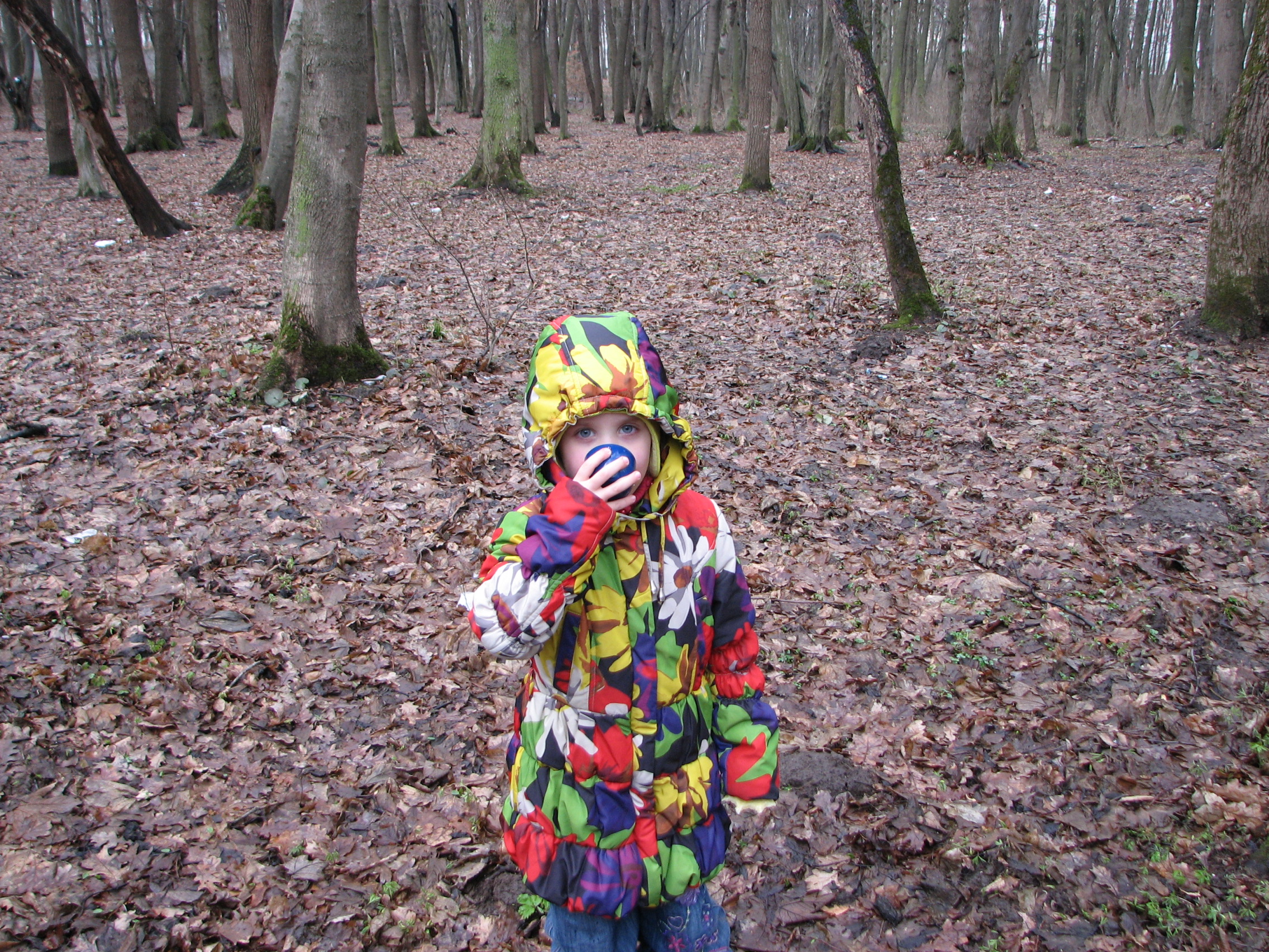 A small girl in a forest drinking tea