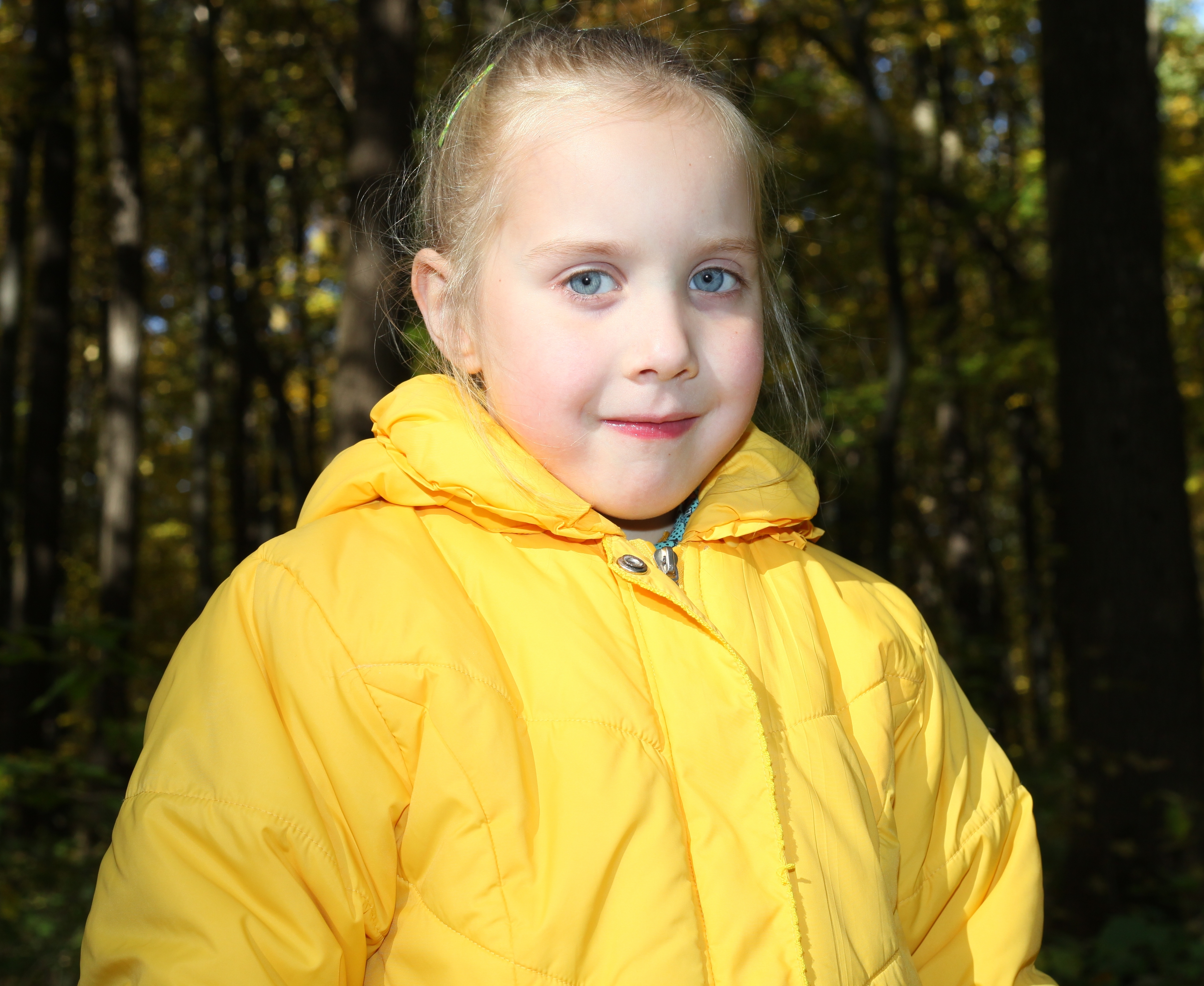 a cute blond Catholic child girl with grey eyes, in a forest, picture 4