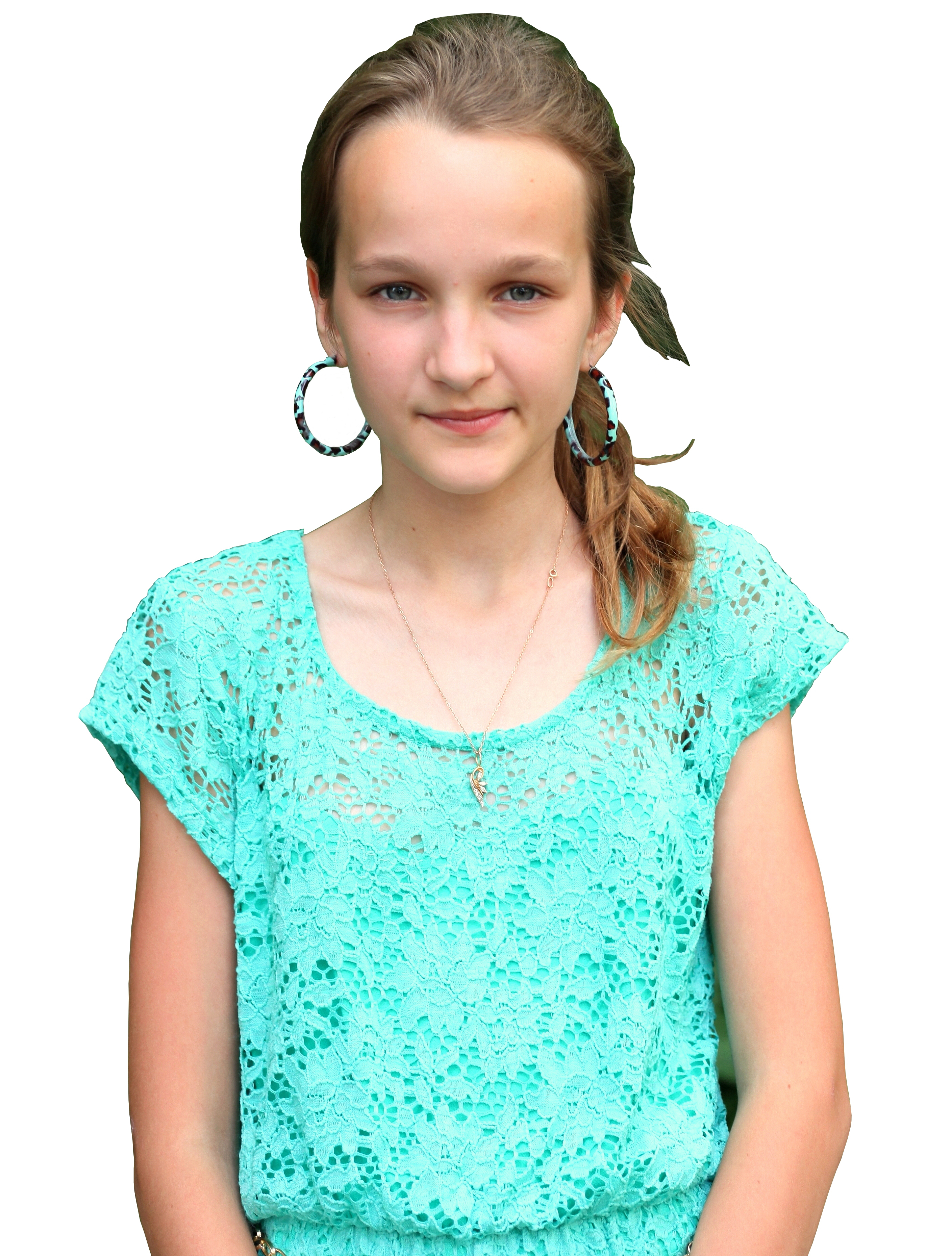 an absolutely beautiful girl (a Catholic Christian) with earrings, photographed in June 2013, portrait 7/27