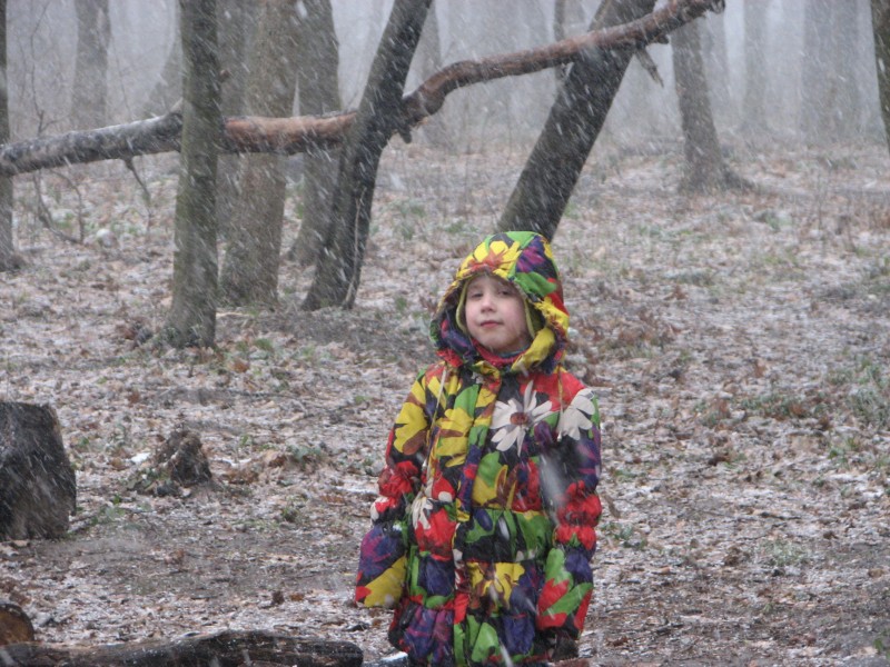 A girl in a forest during a snowfall