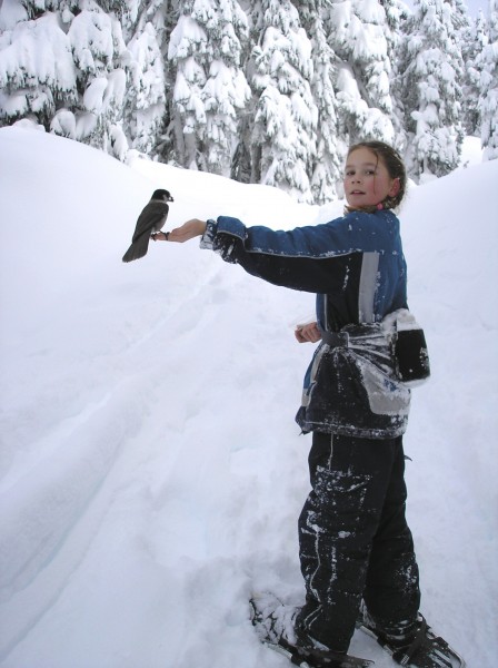 Snowshoer with perching bird