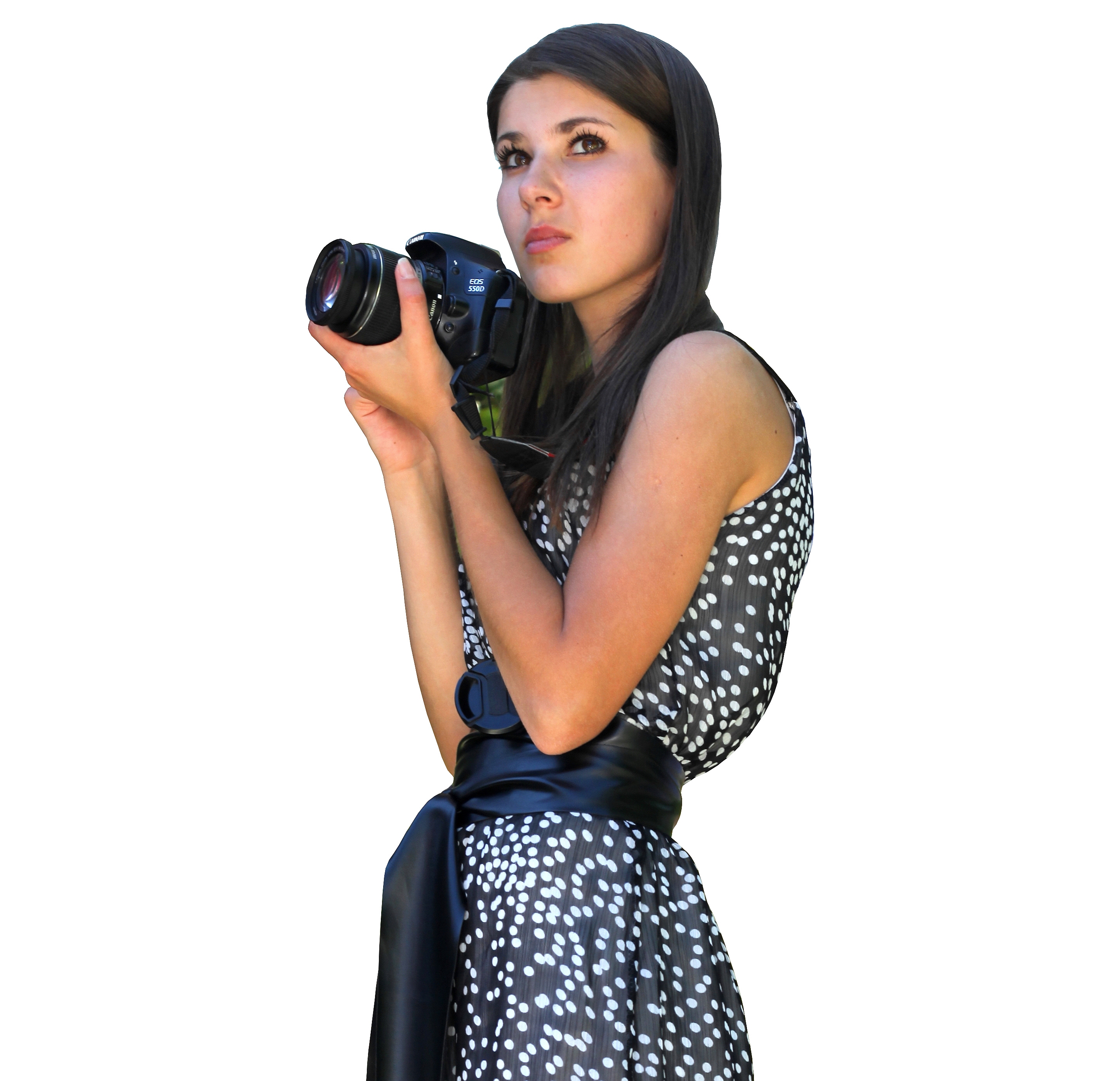 a marvelously beautiful Catholic girl holding a Canon DSLR camera in June 2013, cropped version