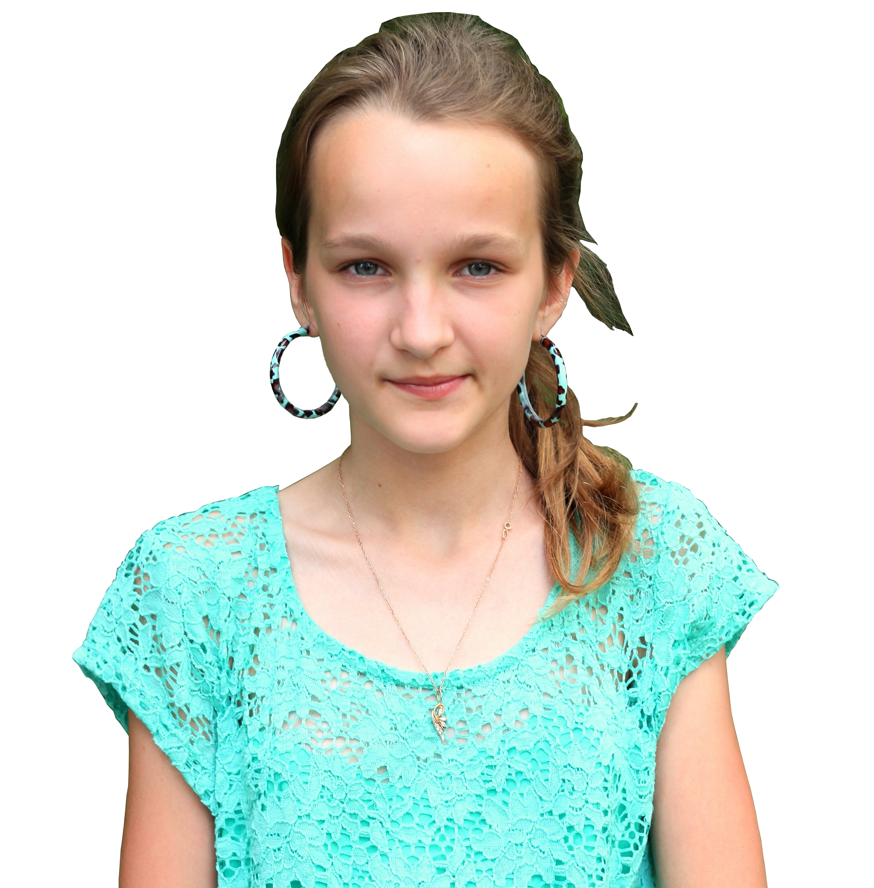 an absolutely beautiful girl with large earrings on a white background, photographed in June 2013, portrait 9/27