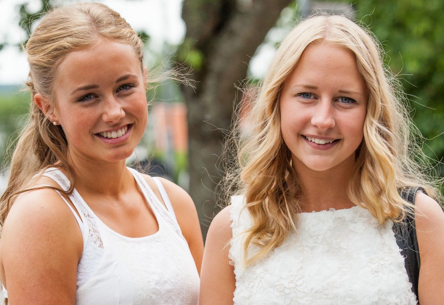 two beautiful blond girls in white dresses in Sigtuna, Sweden in June 2014, picture 3