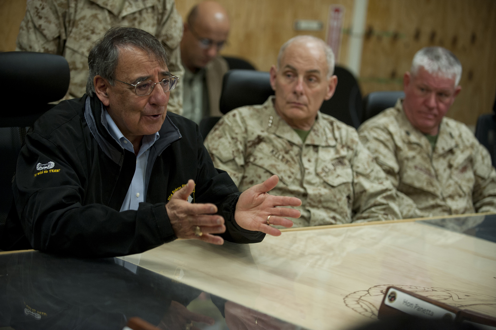Defense.gov News Photo 120313-D-TT977-471 - Secretary of Defense Leon E. Panetta holds a meeting with Afghan provincial leaders at Camp Bastion Afghanistan on March 14 2012. Panetta is on