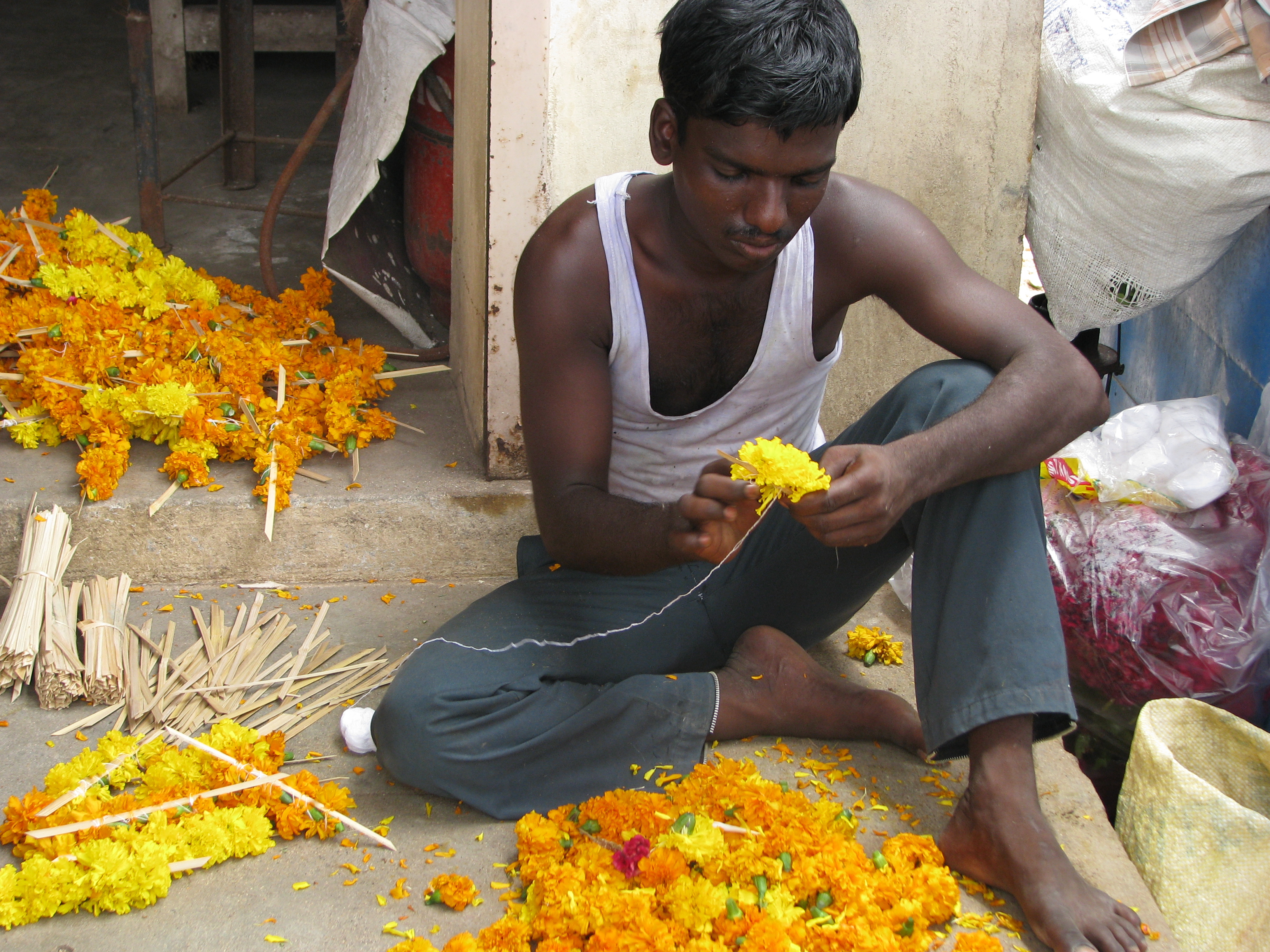 India - Faces - Young man patiently making flower garlands for sale (2566356389)
