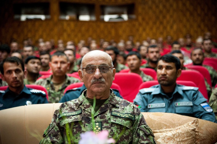 Afghan National Army (ANA) Gen. Sher Mohammad Karimi, center, serves as the guest of honor during a promotion ceremony for new ANA sergeants major in Kabul, Afghanistan, June 5, 2013 130605-F-OF869-003