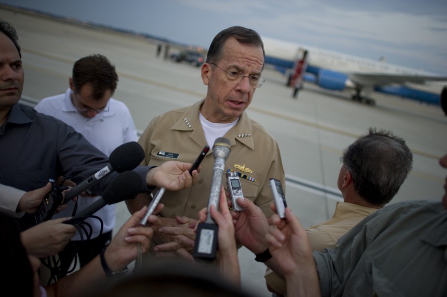 Chairman of the Joint Chiefs of Staff Navy Adm. Mike Mullen addresses the media on the tarmac at Joint Base Andrews Naval Air Facility, Md., July 28, 2011