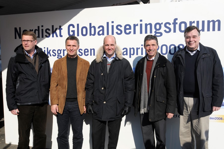 De nordiska statsministrarna samlade pa nordiskt globaliseringsforum i Riksgransen. Fredrik Reinfeldt Anders Fogh Rasmussen Matti Vanhanen Jens Stoltenberg och Geir H. Haarde