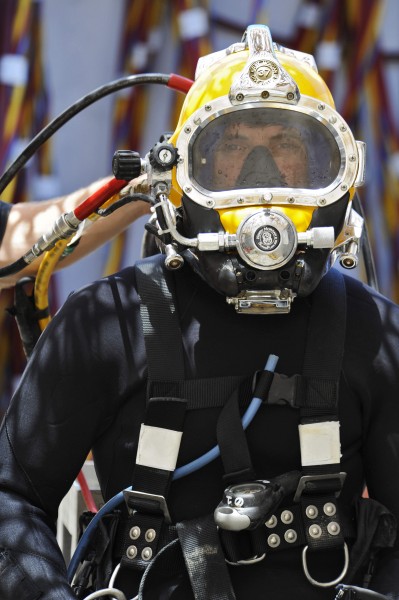 Defense.gov News Photo 110612-N-WL435-365 - Chief Petty Officer Billy Goold assigned to Commander Task Group 56.1 prepares for a dive salvage project in Umm Qasr Iraq on June 12 2011