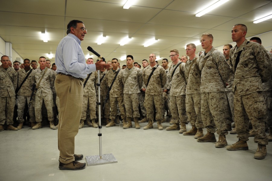 Defense.gov News Photo 110710-F-RG147-603 - Secretary of Defense Leon E. Panetta speaks to U.S. Marines assigned to Combat Logistics Battalion-7 at Camp Dwyer, Afghanistan, on July 10, 2011. 