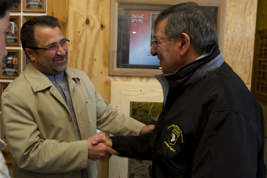 Defense.gov News Photo 120313-D-TT977-443 - Secretary of Defense Leon E. Panetta is greeted by Helmand provincial governor Gulab Mangal during a visit to Camp Bastion Afghanistan on March
