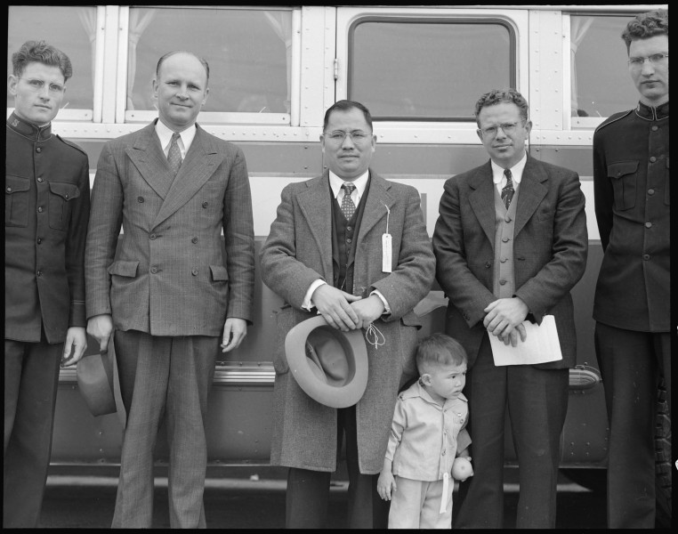 Hayward, California. Members of clergy and Salvation Army bid farewell to evacuee minister, Reveren . . . - NARA - 537497