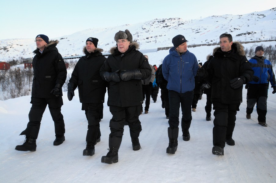 Matti Vanhanen Fredrik Reinfeldt Geir H. Haarde Jens Stoltenberg och Anders Fogh Rasmussen i Riksgransen 2008-04-08