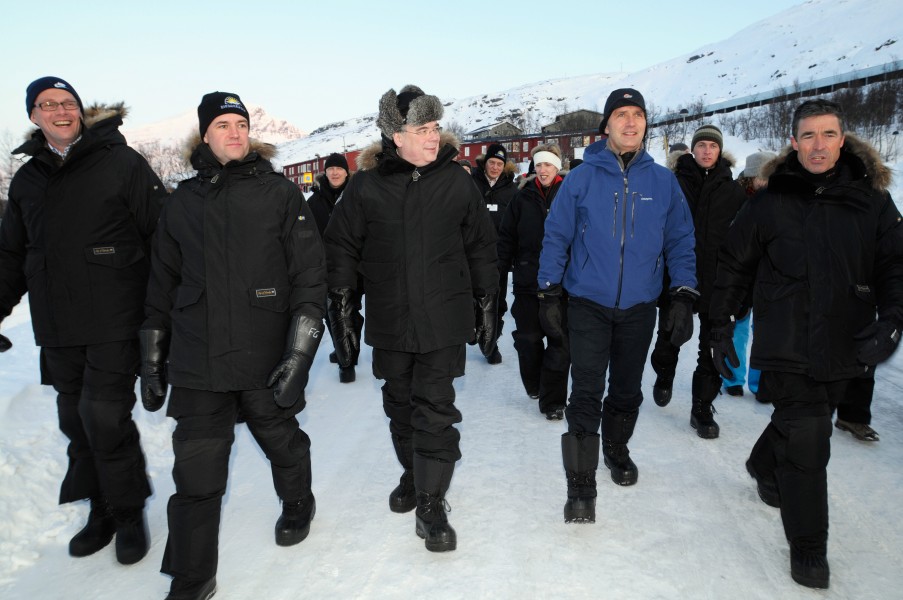 Matti Vanhanen Fredrik Reinfeldt Geir H. Haarde Jens Stoltenberg och Anders Fogh Rasmussen i Riksgransen 2008-04-08 (1)