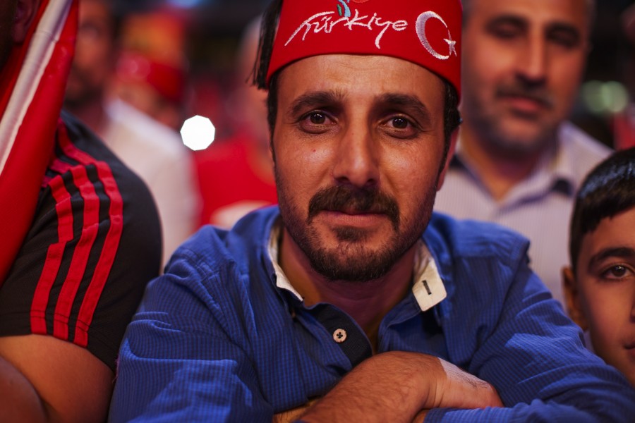 Middle aged Turkish man portrait captured during after coup nightly demonstartion of president Erdogan supporters. Istanbul, Turkey, Eastern Europe and Western Asia. 22 July,2016