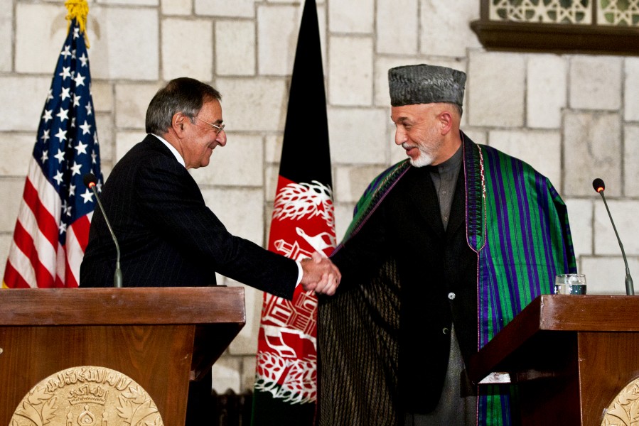 Panetta and Karzai shaking hands in 2011